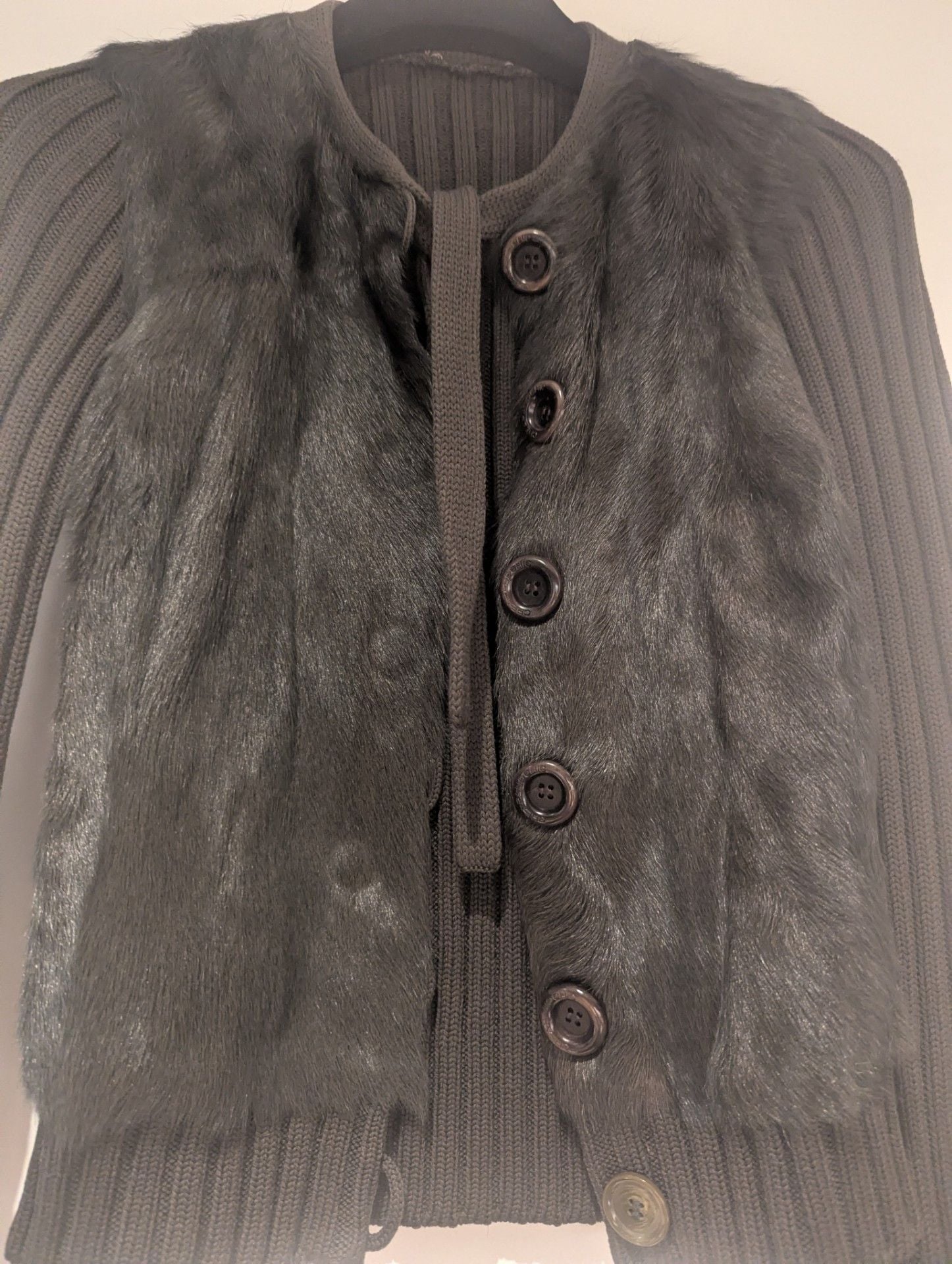 Cheap And Chic Moschino Wool Ribbed Cardigan With Mouton Fur Front Panel